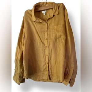 GARNET HILL Easy Linen Button-Down Long Sleeve Shirt Blouse in Yellow Size 14